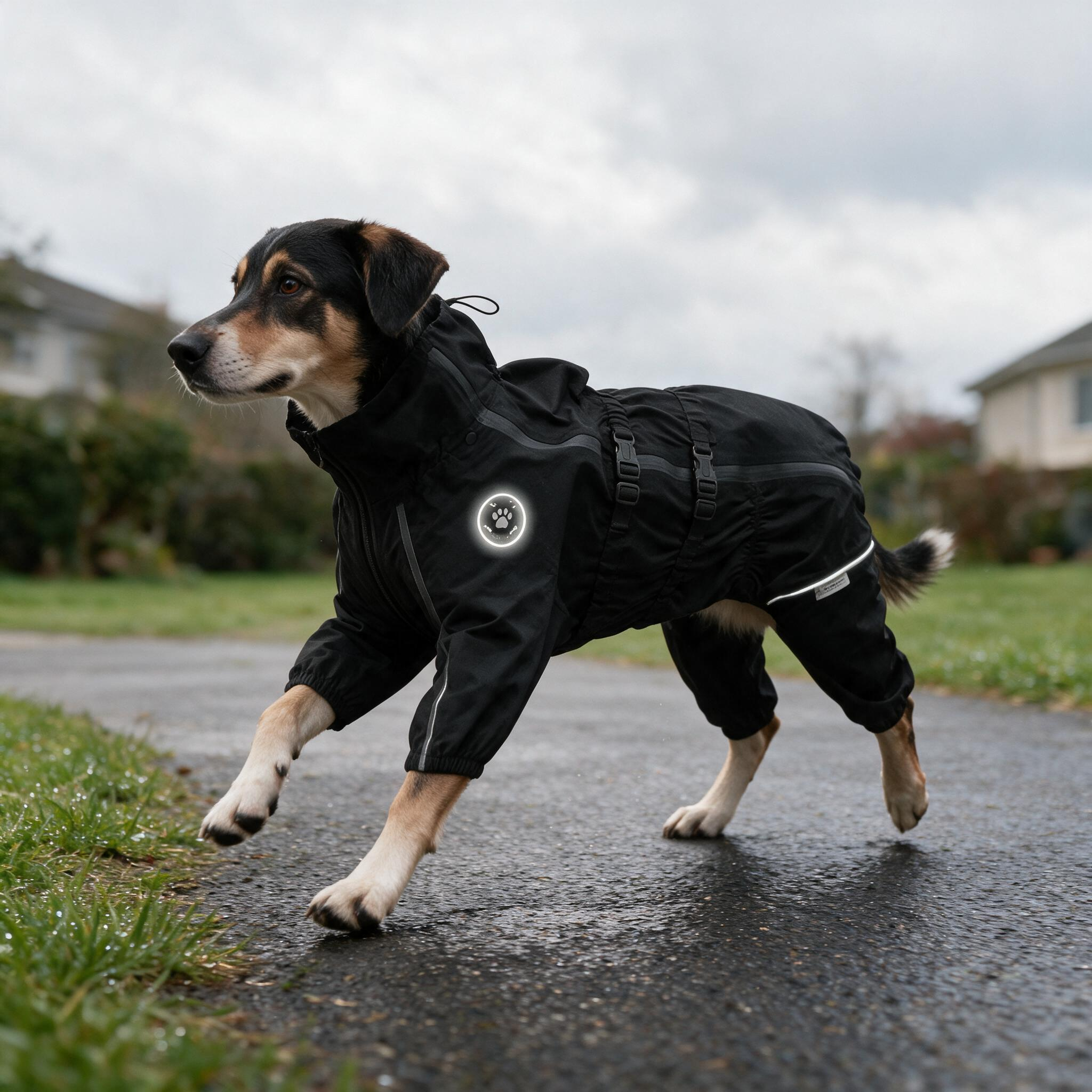 Dog moving comfortably in the THOMDOGPAW four-leg rain suit