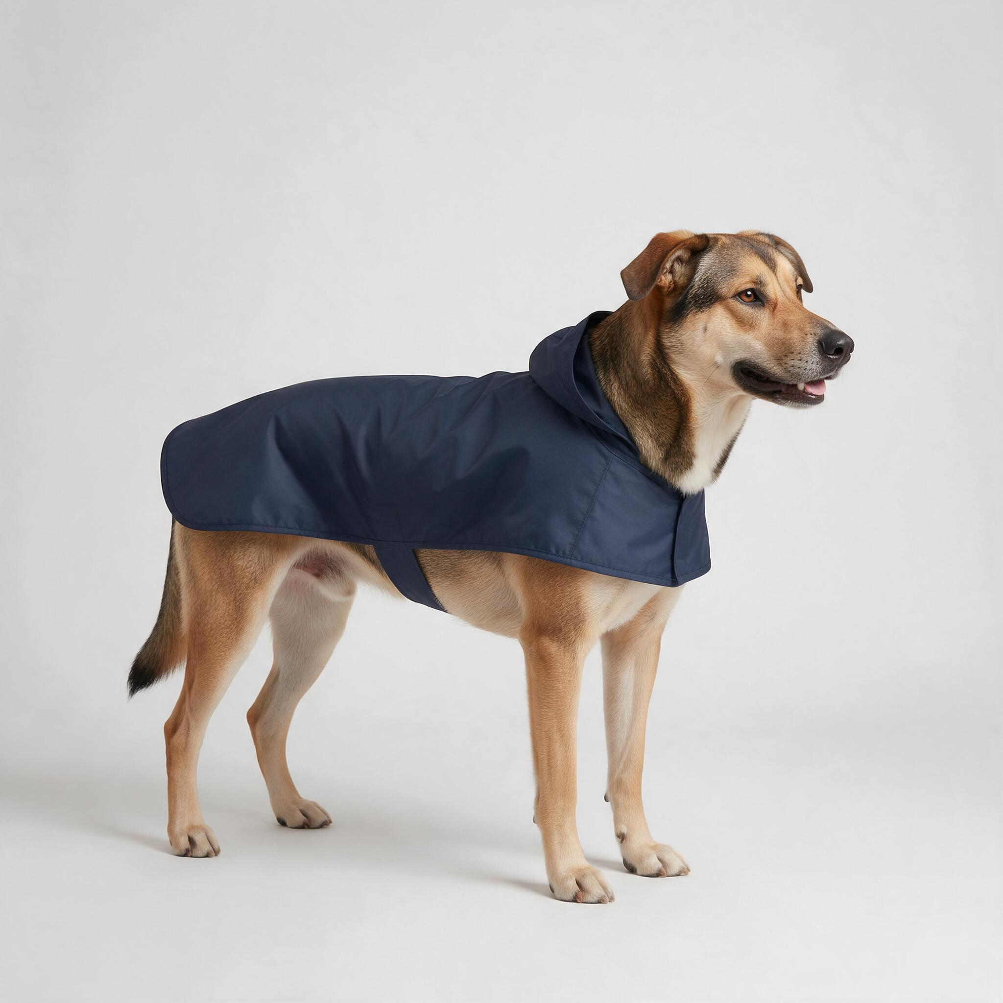 Dog wearing a traditional back-coverage raincoat