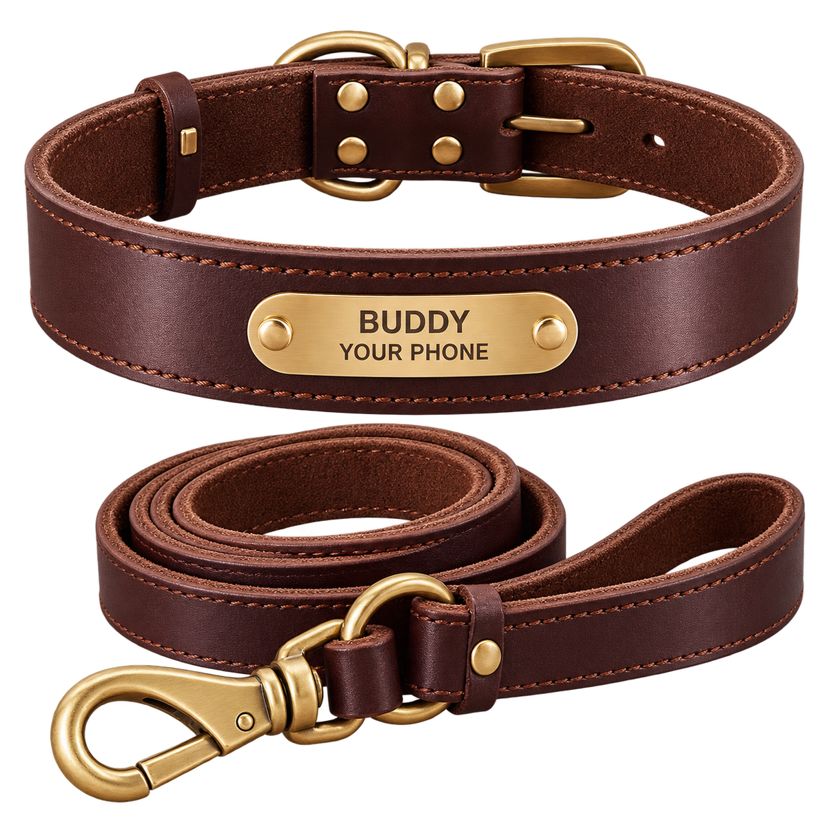 Personalized Leather Dog Collar & Leash Set