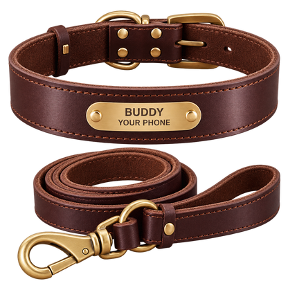 Personalized Leather Dog Collar & Leash Set