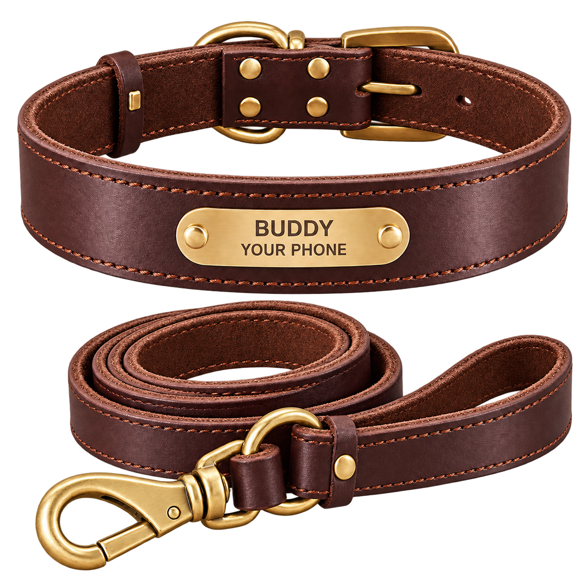 Personalized Leather Dog Collar & Leash Set