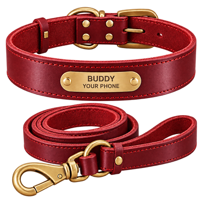 Personalized Leather Dog Collar & Leash Set