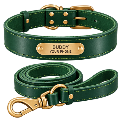 Personalized Leather Dog Collar & Leash Set