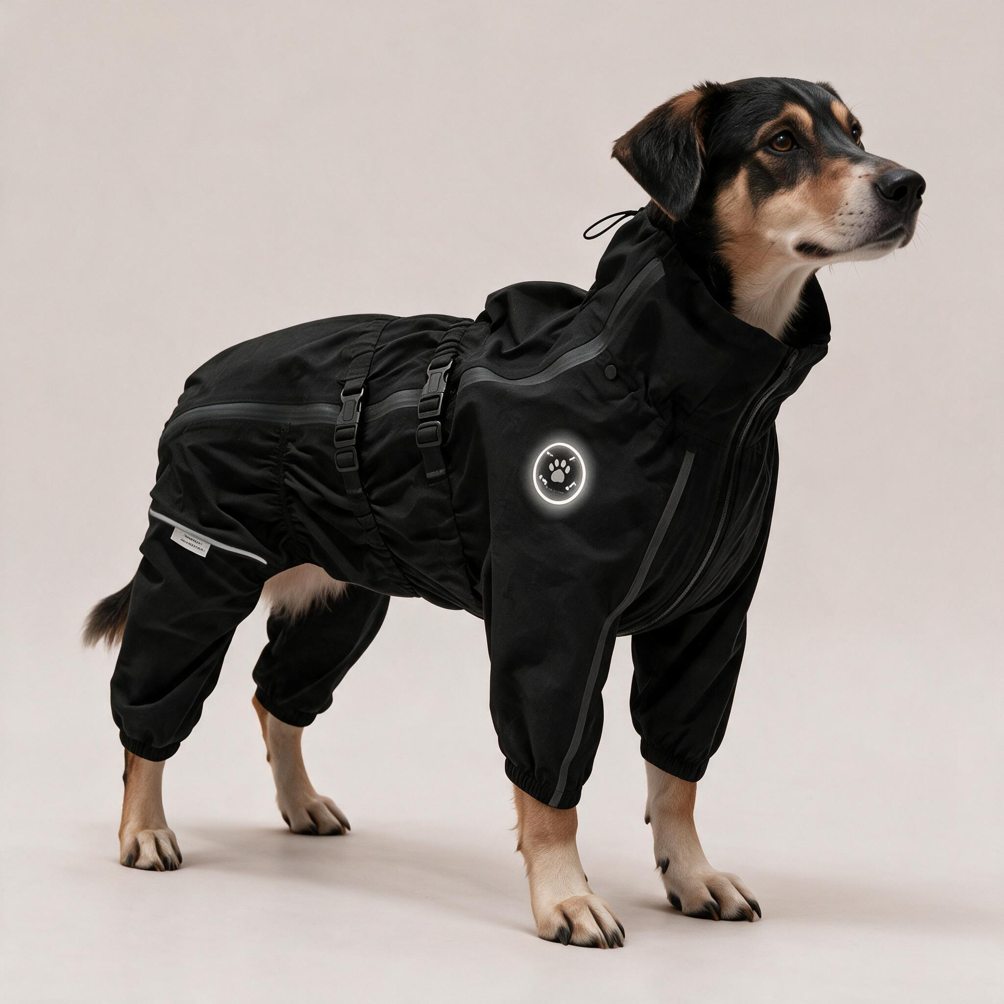Close-up of waterproof full-body coverage on the THOMDOGPAW dog rain suit