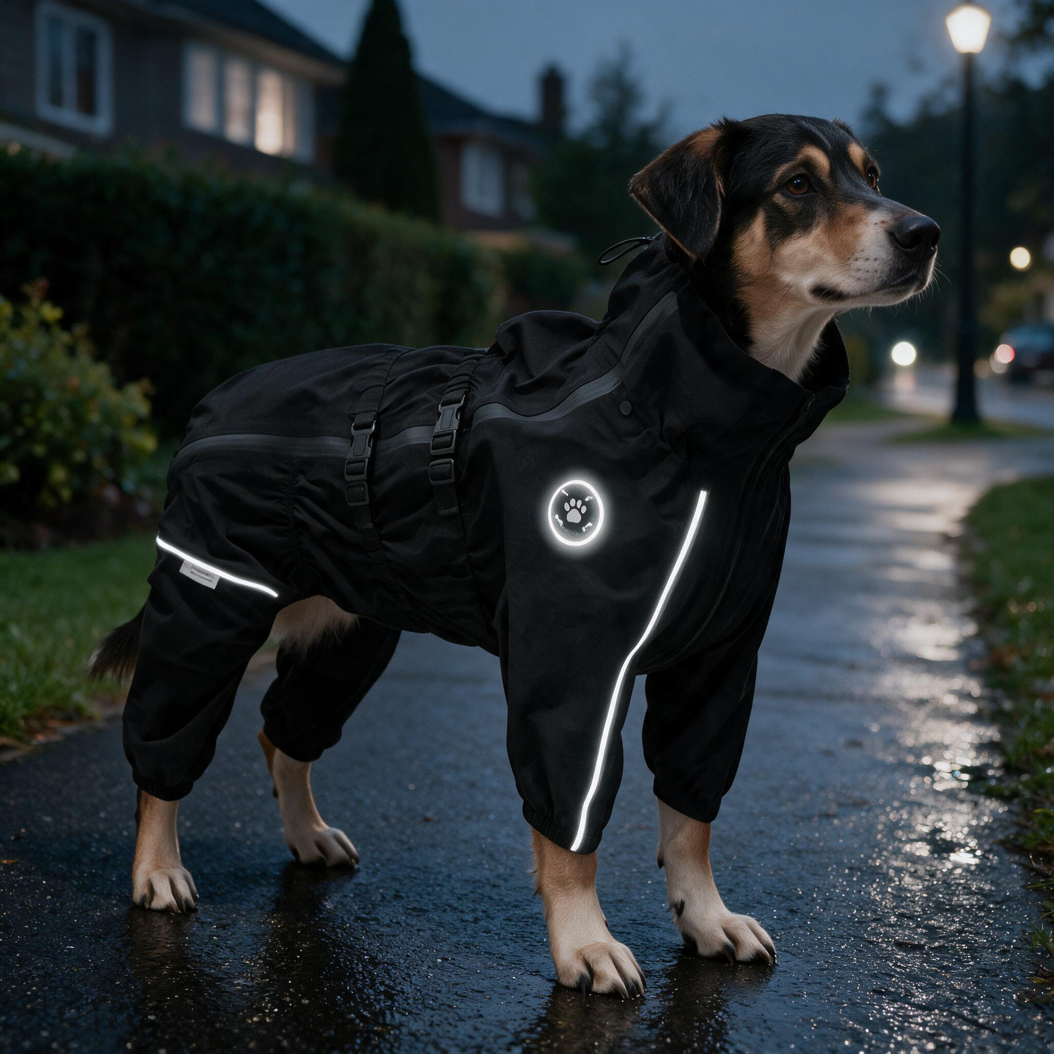 Reflective details on the THOMDOGPAW dog rain suit in low light