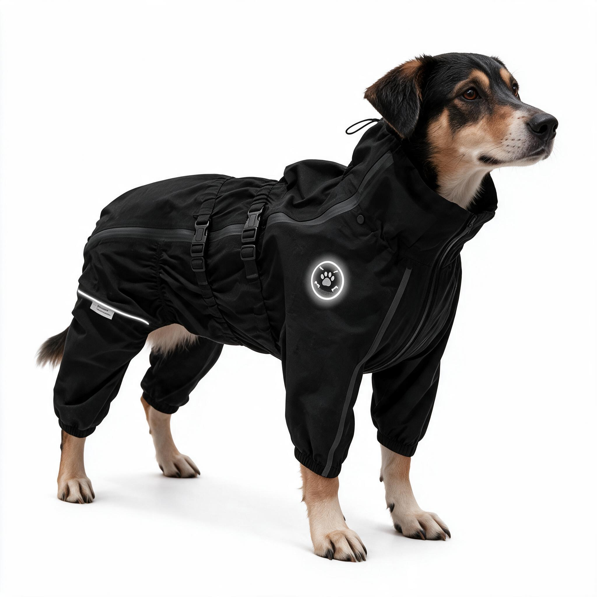 Dog wearing the THOMDOGPAW reflective full-body rain suit