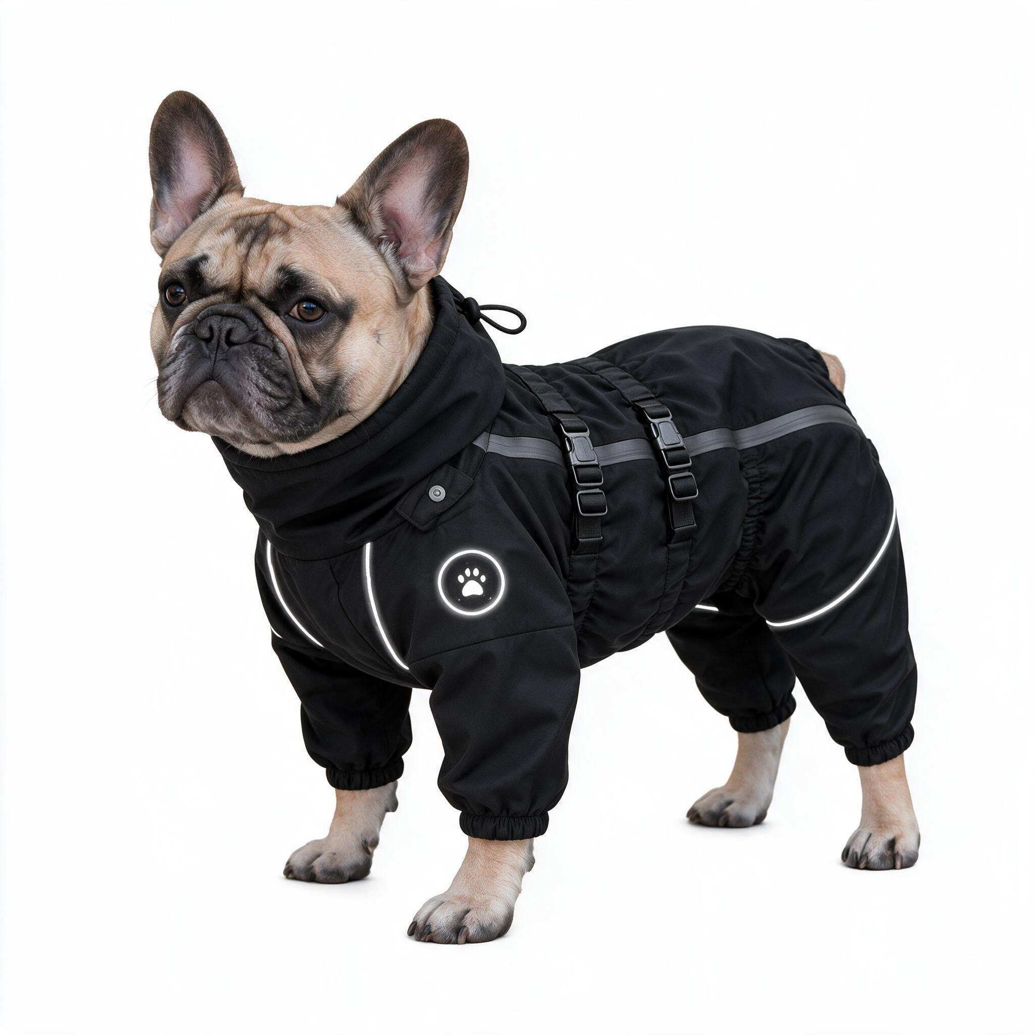 Dog wearing the THOMDOGPAW reflective full-body dog rain suit